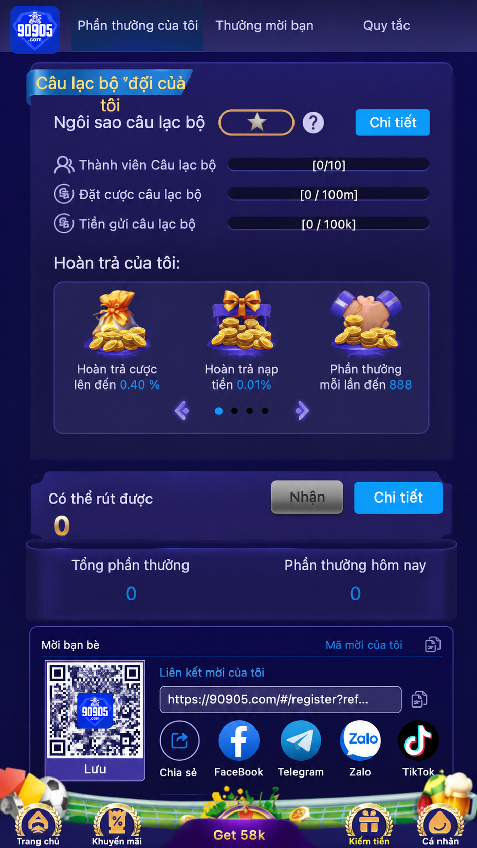 Câu lạc bộ VIP và hoàn trả tại 90905
